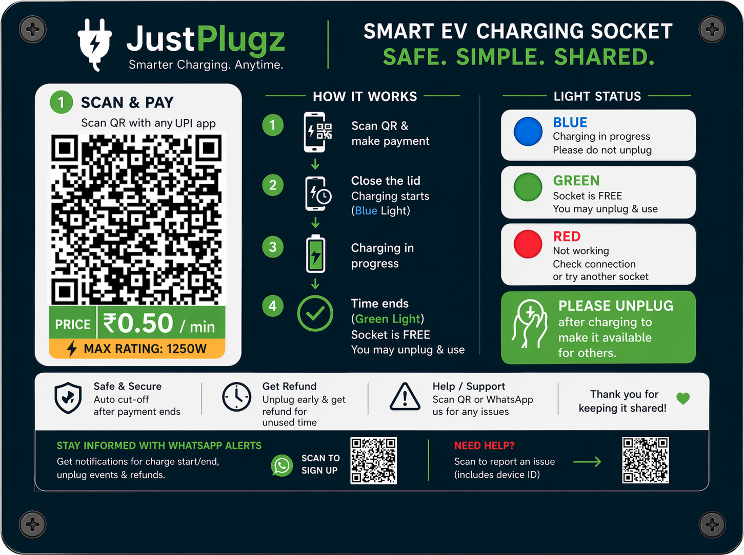 JustPlugz Charging Panel - Payment and WhatsApp QR Codes